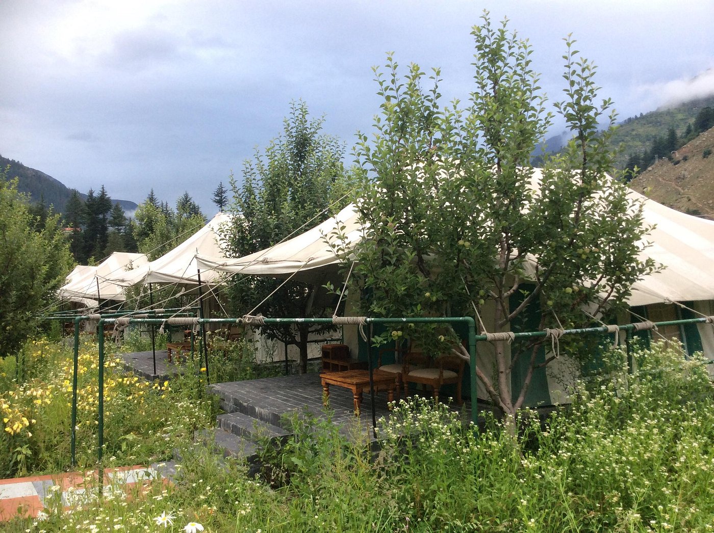 Description: An upscale riverside retreat set amidst apple orchards and towering cedar trees. These luxury Swiss tents and cottages feature attached tiled bathrooms and high-end linens. The property is famous for its outdoor dining area by the Baspa River and its focus on organic, farm-to-table Kinnauri cuisine.