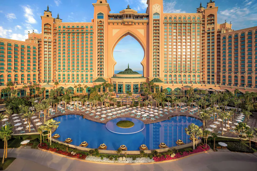 Atlantis The Palm is one of the most famous luxury resorts in Dubai located on the iconic Palm Jumeirah island. The hotel offers spectacular ocean views, luxurious rooms, fine dining restaurants, and access to the world-famous Aquaventure Waterpark.