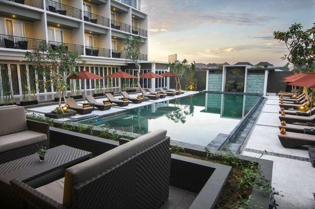 A modern hotel located near Kuta Beach offering comfortable rooms, swimming pool, restaurant, and easy access to shopping areas and nightlife.
